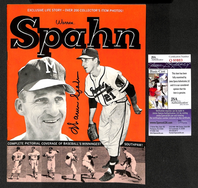 Autographed Lot with 1951 Yankees World Series Wire Photo (Signed by Collins, Lopat, and McDougald) and Warren Spahn Signed Magazine (both items include a JSA COA)